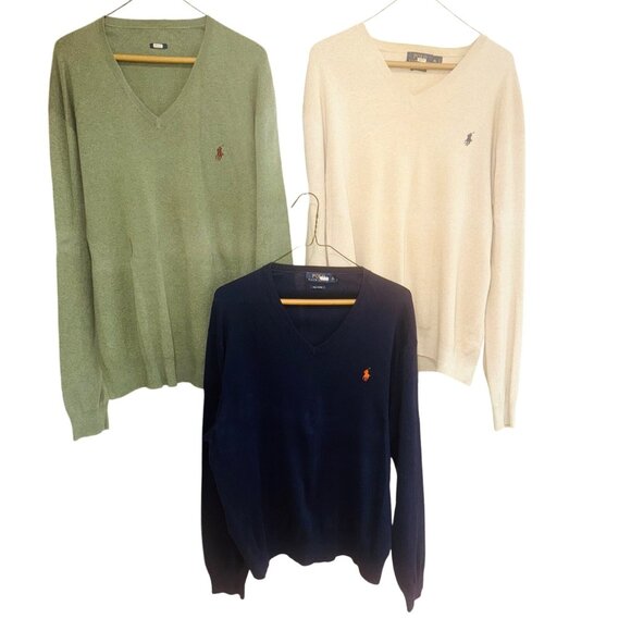 Polo Ralph Lauren V-Neck Sweaters 3-Pack Pima Cotton Green/Beige/Navy Old Money - Picture 1 of 13